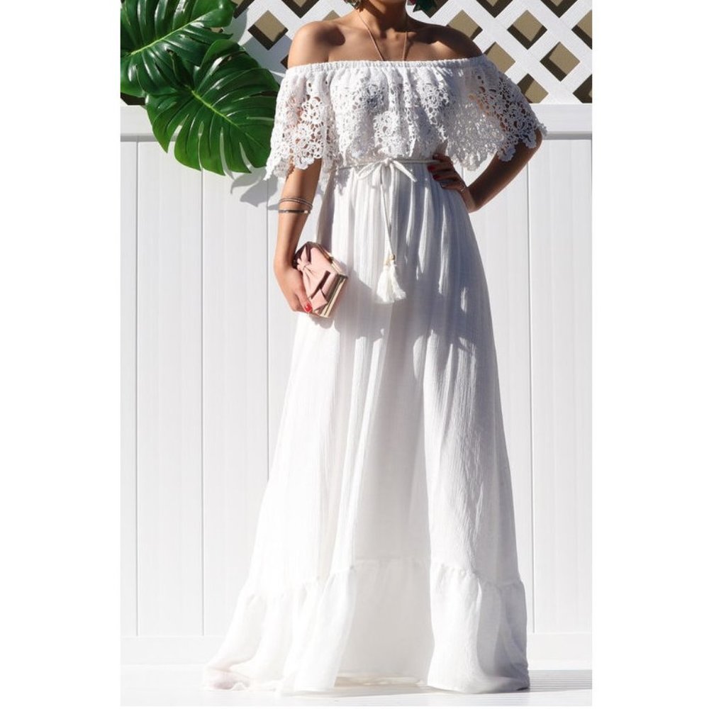 White Off Shoulder Crochet Lace Boho Maxi Dress